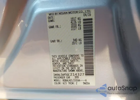 2016 Nissan Altima 2.5 Sr z USA, uszkodzony, nr VIN 1N4AL3AP5GC214327